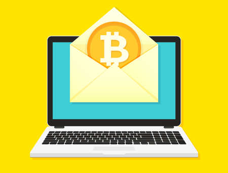 Laptop with bitcoin in envelope, flat design illustration.のイラスト素材