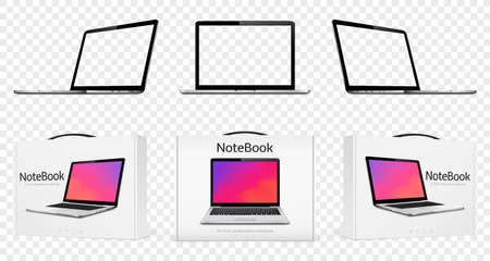 Laptop mock up with transparent screen and new laptop in boxes isolatedのイラスト素材