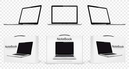 Laptop mock up with transparent screen and new notebook computers in boxes isolatedのイラスト素材