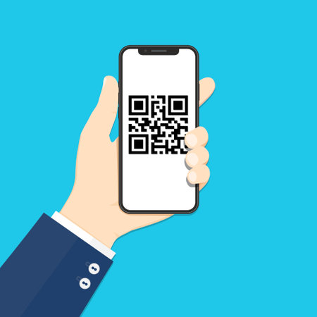 Hand with phone scanning qr code. Flat style illustration.のイラスト素材