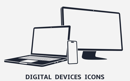 Device icons smart phone, laptop and desktop computer. Vector illustration of responsive web design.のイラスト素材