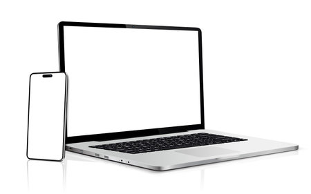 Notebook mockup and phone device mockup. Vector illustration.のイラスト素材