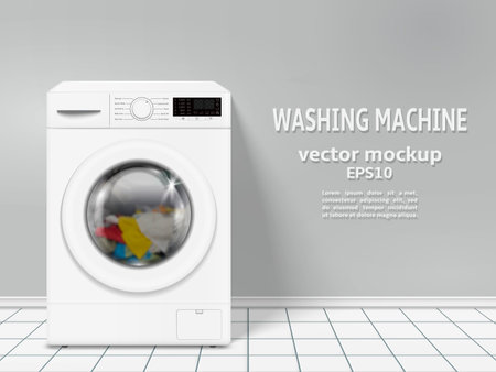 Modern washing machine in empty laundry room. Vector illustration.のイラスト素材