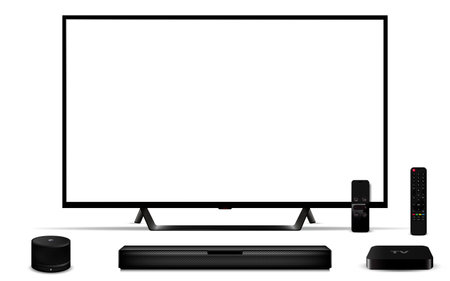 Modern OLED TV with sound bar, TV set-top box, smart speaker and remote control. Vector...