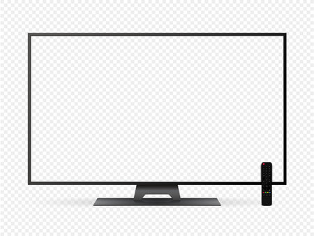 Smart TV mockup. Blank transparent television screen with remote control. Vector illustration.のイラスト素材