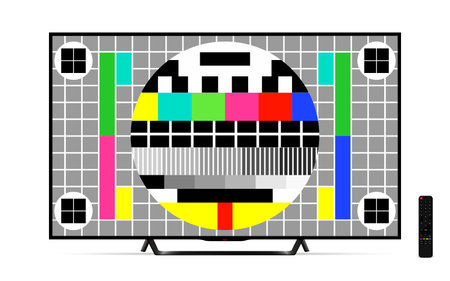 Smart TV with remote control and test pattern screen. Vector illustration.のイラスト素材
