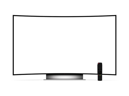 Curved smart TV mockup. Blank television screen with remote control. Vector illustration.のイラスト素材