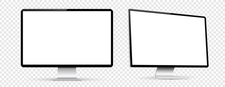 Mockup of computer monitor. Front and side view with white screen on transparent background. Vector illustration.のイラスト素材
