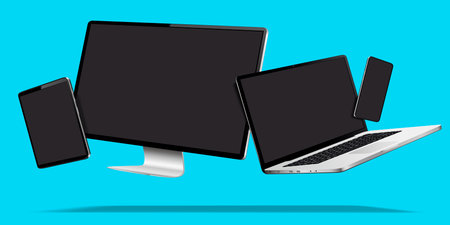 Modern desktop computer, laptop, and tablet mockup with blank screens. Digital devices isolated on blue background with levitation effect. Vector illustration.のイラスト素材