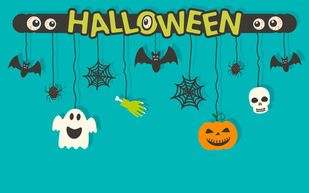 Happy Halloween background vector illustration. Halloween hanging decorations on blue background.のイラスト素材