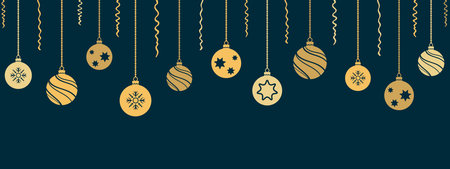 Christmas and New Year banner with hanging decorations. Vector illustration.のイラスト素材
