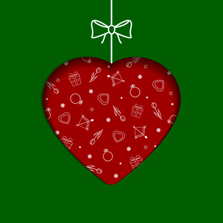 Valentines day greeting card template. Cut paper Valentines heart on green background with love symbols. Vector illustration.のイラスト素材