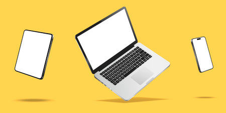 Laptop computer, smartphone and tablet while levitating in the air on a yellow background. Vector illustration.のイラスト素材