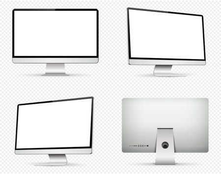 Computer monitor with blank white screen. Front, back and side computer screen isolated on transparent background. Vector illustration.のイラスト素材
