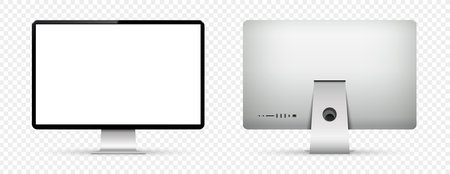 Realistic computer screen mockup. Computer display front and back view on transparent background. Vector illustration.のイラスト素材