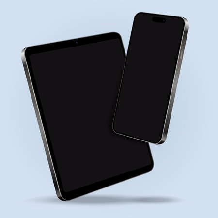 Smartphone with tablet pc mockup with blank screens while levitating in the air on a blue background. Vector illustration.のイラスト素材