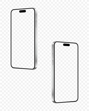 Mockup mobile phone with empty screen in two rotated perspective positions isolated on transparent background. Vector illustration.のイラスト素材