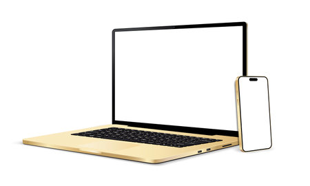 Laptop computer and mobile phone mockup. Digital devices screen template vector illustration.のイラスト素材