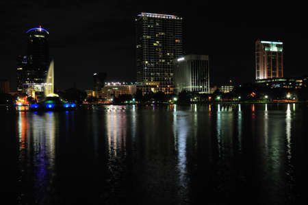Night shot of Downtown Orlando, Florida facing north-west corner of Lake Eolaの写真素材