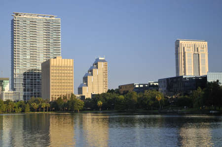 Buildings in downtown Orlando, Florida as seen from Lake Eola Parkの写真素材