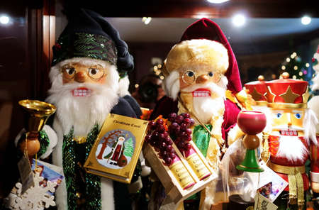 Wilton, CT USA. Nov 2018. Cute Santa nutcracker figures on a fireplace mantle at a nice local...