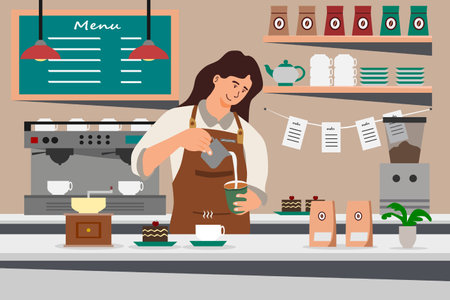 Barista woman making coffee on counter coffee. Female barista, manual brew drip coffee and accessories, wearing apron petting, interior decoration, Modern flat vector illustrations.のイラスト素材