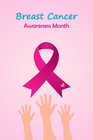 Breast Cancer awareness vertical banner illustration. Three hands with pink ribbon. Healthcare campaign.のイラスト素材