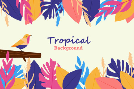 Tropical vector background with colorful leaves and a bird. Abstract foliage and botanical background.のイラスト素材