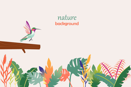 Tropical vector background with colorful leaves and a bird. Abstract foliage and botanical background.のイラスト素材