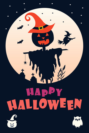 Halloween vertical background with scarecrow pumpkin. Flyer or invitation template for Halloween party. Vector illustration.のイラスト素材