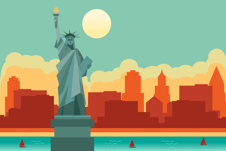 Illustration of New York City with vector landscape of buildings and the Statue of Libertyのイラスト素材