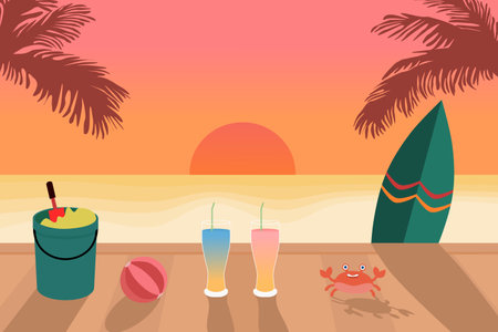 Beautiful sunset in summer at the beach with surf board and drinks. illustration vector. Seascape sunset.のイラスト素材