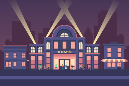 Movie theater or Cinema building on night scene background. Building exterior view in flat style vector illustration.のイラスト素材