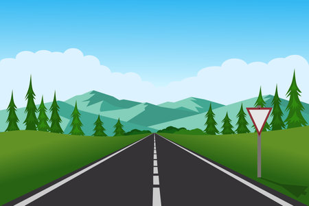 Straight empty road through the countryside. Green hills, blue sky, meadow and mountains. Summer landscape vector illustration.のイラスト素材