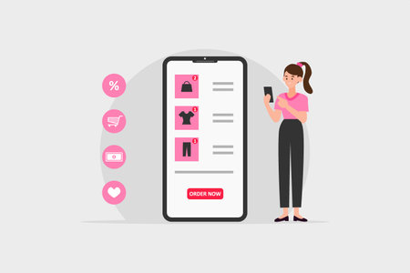 Online shopping store on website and mobile phone design. Smart business marketing concept. Woman using a smart phone for online shopping. Vector Illustration.のイラスト素材