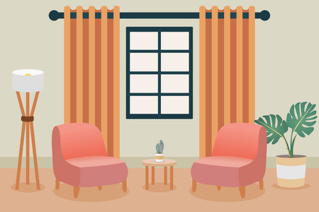Interior design of a living room with sofa, curtain, standing lamp, and plant. Home interior. Vector illustration.のイラスト素材