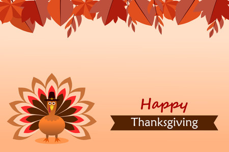 Celebration of Thanksgiving Day with turkey bird and autumn leaves. Happy Thanksgiving Day Greeting Card design.のイラスト素材