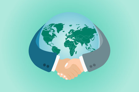 Handshake symbol with globe world map background. International partnership business concept. Vector illustration.のイラスト素材