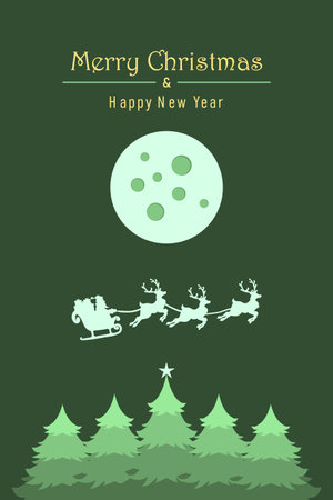 Merry Christmas and happy new year simple background with Santa Claus flying on the sky in sleigh with reindeer at night with full moon, snow, and Christmas trees. Vertical vector illustration.のイラスト素材