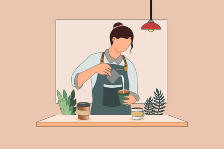 Female barista making coffee at coffee shop. Vector illustration.のイラスト素材