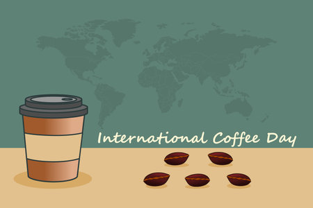 International coffee day horizontal banner. Coffee paper cup with coffee beans on world map background.のイラスト素材