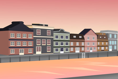 Amsterdam cityscape with ancient houses and water canals at sunset. Vector illustration.のイラスト素材