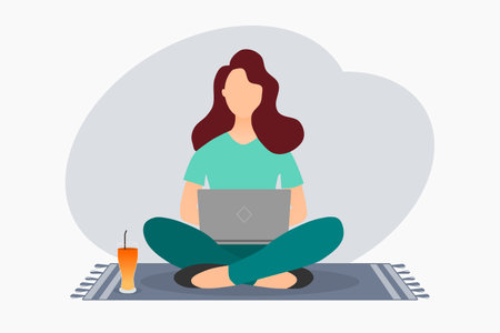 A young woman sitting on the floor and working on a laptop. Vector illustration.のイラスト素材