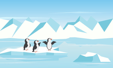Arctic landscape with penguins, iceberg, and snow. Vector illustration.のイラスト素材