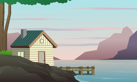 Wooden house with beautiful lake and mountain landscape. Countryside.のイラスト素材