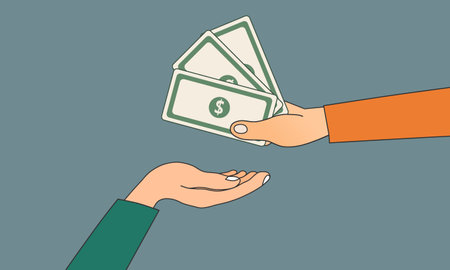 Hand giving money to other hand. Pay for something. Vector illustration.のイラスト素材