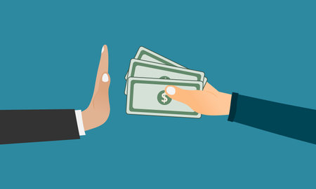 Anti-corruption or against corruption concept. A hand offers money and other hand shows a gesture of refusal. Vector illustration.のイラスト素材