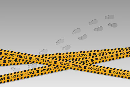 Black and yellow police line and do not cross tapes design with footprints on the background. Vector illustration.のイラスト素材
