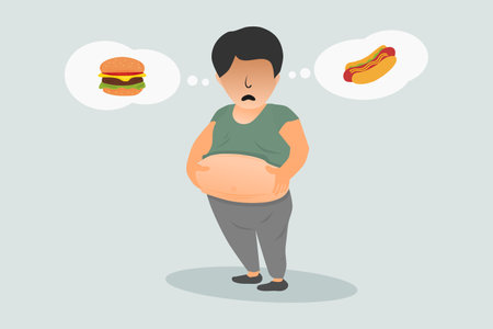 A fat pot-bellied man. An overweight man holding his stomach. Vector illustration.のイラスト素材
