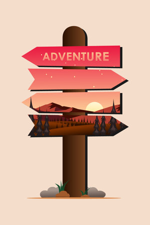 Direction Signboard with sunset nature landscape. Adventure sign direction. Vector illustration.のイラスト素材